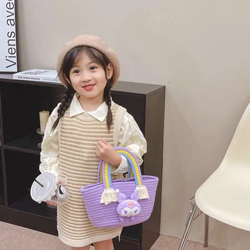 Vista 5 de Kuromi - Bolso de paja con borla para viajes de niños, Púrpura