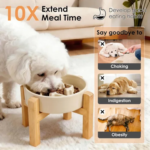 Vista 4 de Cuenco de cerámica para perros de raza pequeña, cuenco de alimentación lenta para perros con soporte de bambú, diseño de laberinto de rompecabezas