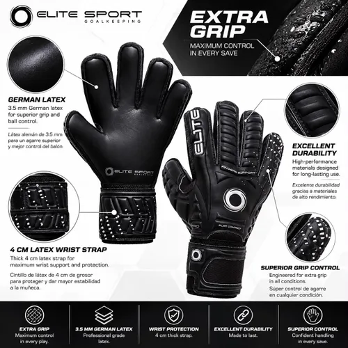 Vista 4 de Elite Sport Black Goalkeeper Gloves, Removable Finger Spines, Pro-Level Goalkeeper Gloves for Superior Grip and Control