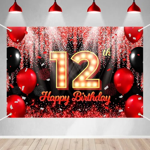 Vista 8 de Telón de Fondo Banner de Feliz 10º Cumpleaños Tema Negro y Rojo con Fondo de Neón Brillante y Moda para Fiesta de Cumpleaños Fotografía Accesorio