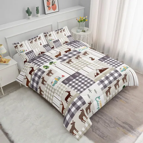 Vista 2 de Datura Home - Juego de edredón Happy Camper - Juego de cama rústico con estampado de cabaña y ciervos con 1 edredón y 2 fundas de almohada