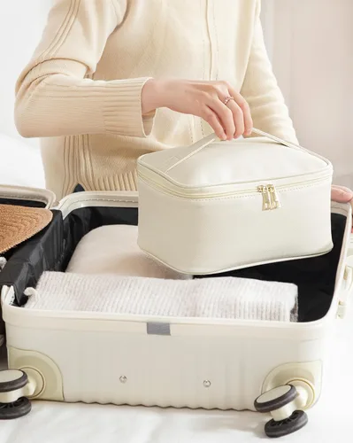 Vista 7 de HBlife Bolsa de maquillaje de viaje portátil y bonita bolsa de cosméticos de cuero, bolsa de maquillaje grande, organizador de maquillaje, bolsa