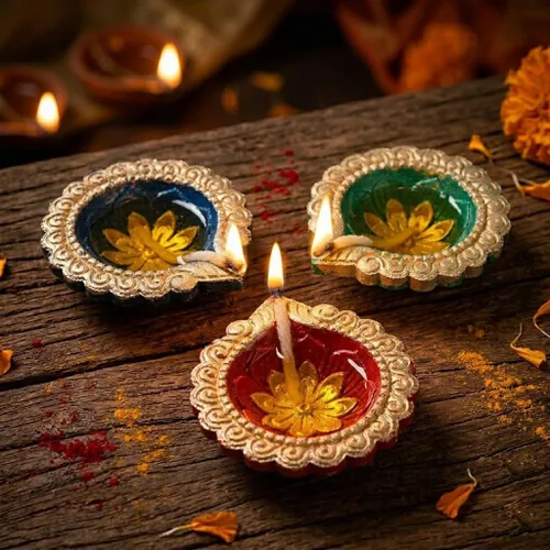 Vista 3 de SATVIK - 12 piezas de arcilla multicolor Diya terracota Dia tradicional Puja Vilakku lámpara de aceite natural Mitti Diya luz de té de bienvenida