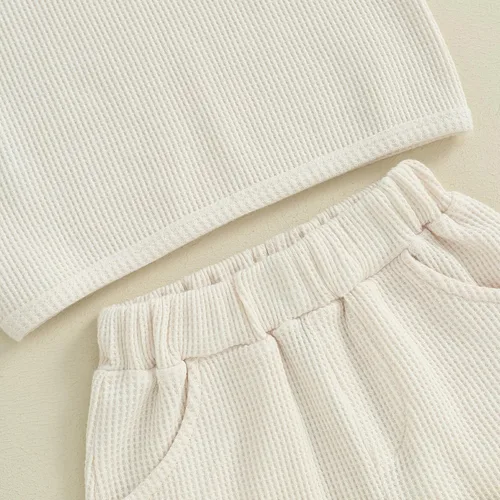 Vista 6 de Omkzanbi Conjunto de ropa de verano para bebé niño, camiseta de manga corta, pantalones cortos de punto gofre, 2 piezas, pantalones cortos