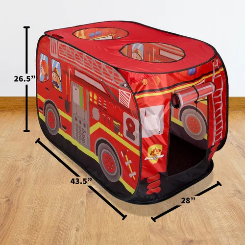 Vista 2 de Playbees Tienda de Campaña Musical Emergente de Camión de Bomberos con 3 Aberturas - Tienda de Juego de Rol de Bombero - Sirenas y Sonidos