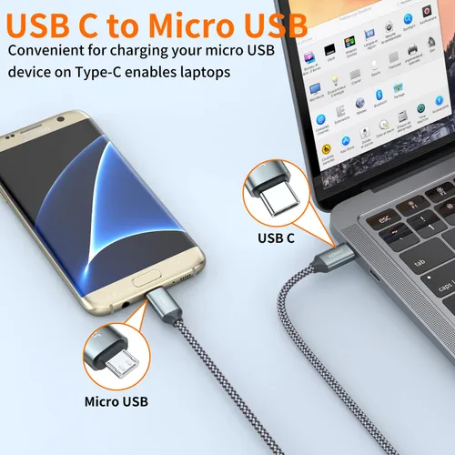Vista 2 de JXMOX Cable USB C a Micro USB, (3.3 pies, paquete de 2) Cable Cargador Tipo C a Micro USB, Admite Carga y Sincronización Compatible