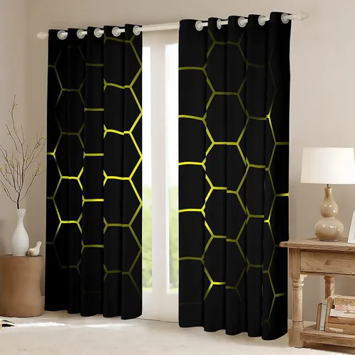 Vista 2 de Cortinas hexagonales amarillas y negras para ventana para dormitorio, sala de estar, niños, adolescentes, decoración de panal de abeja, cortinas