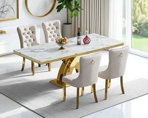 Vista 88 de Juego de 4 mesas de comedor blancas y doradas, mesa de cocina rectangular de 68 pulgadas con parte superior de mármol sintético blanco, mesa de Mesa