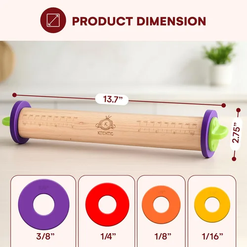 Vista 2 de Kitchtic Rodillo con anillos de grosor – Rodillo de madera ajustable – Herramienta esencial para hornear y rodillo – Grosor consistente – Fácil