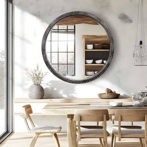 Vista 6 de Espejo redondo de madera de 35 pulgadas, espejo de pared circular rústico con biselado, espejos redondos de madera para decoración de pared, espejos