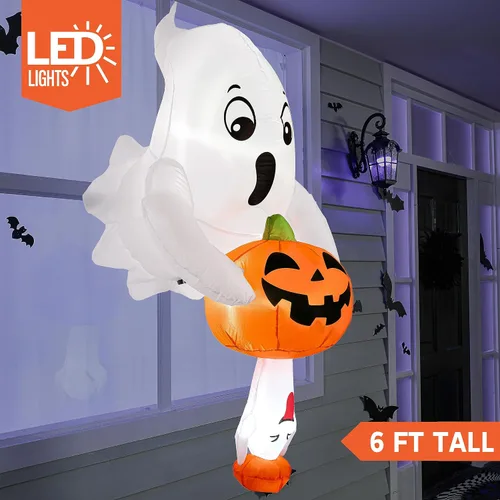 Vista 2 de Joiedomi Fantasma y calabaza inflables de Halloween de 6 pies, decoración de ventana inflable para exteriores con luces LED, bonita decoración