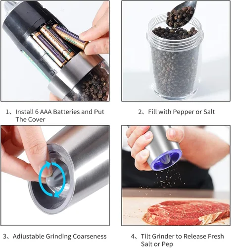 Vista 7 de Juego de 2 molinillos eléctricos de sal y pimienta, molinillo automático de sal y pimienta, rugosidad ajustable, funciona con pilas con luz LED