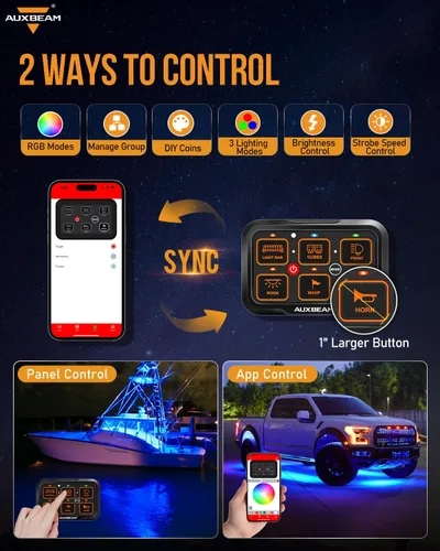 Vista 2 de Panel de interruptores Auxbeam de 6 bandas Bluetooth RGB AR-600 con modos de palanca momentáneos y pulsados, pod de interruptor multifuncional