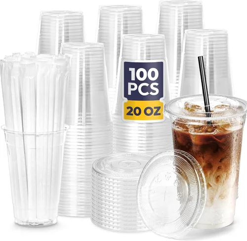 Vista 16 de Fit Meal Prep Paquete de 100 Vasos de Plástico para Café Helado de 9 oz con Tapas Planas y Pajitas Negras, Vaso Transparente Desechable, Vaso Libre