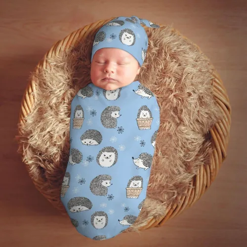 Vista 7 de Lindos erizos azules para recién nacidos, conjuntos de gorros, manta suave para bebé, saco de envolver para baby shower, regalo para niños y niñas