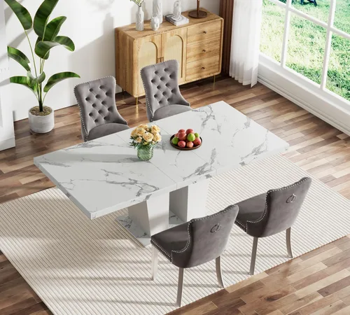 Vista 89 de Juego de mesa de comedor extensible marrón de 63 a 78.74 pulgadas para 4, juego de mesa de comedor de 5 piezas con 4 sillas, mesa de cocina