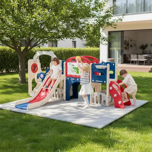 Vista 8 de Set de juego de 12 en 1 para niños pequeños al aire libre con tobogán, parque infantil para niños pequeños y juego de columpios, juego de escalador