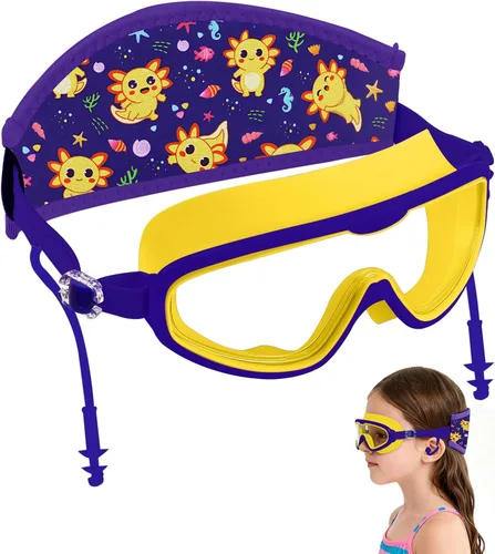 Vista 8 de Axolotl - Gafas de natación para niños pequeños, correa de tela, sin dolor, antiniebla, tapones para los oídos antifugas para niños y niñas