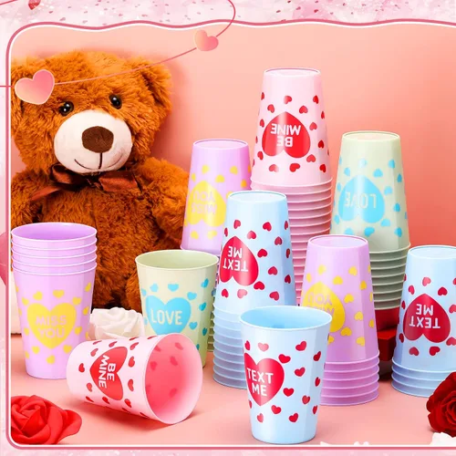 Vista 6 de Zubebe 64 vasos de plástico para el día de San Valentín, vasos de plástico de 9 onzas para café, jugo, bebidas, aniversario, boda, vacaciones