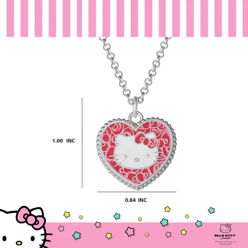 Vista 5 de Hello Kitty Sanrio Fashion Jewelry Set de licencia oficial 16 pulgadas + 3 pulgadas colgante collar y aretes de lazo, Imitación de rodio, Sin