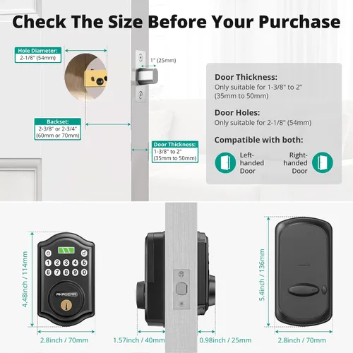 Vista 7 de Cerradura de puerta de entrada sin llave con teclado, cerrojo inteligente para puerta delantera con 2 llaves, bloqueo automático, fácil instalación