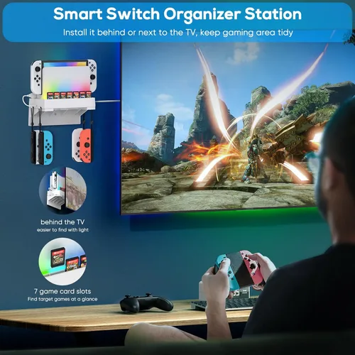 Vista 6 de Kit de montaje en pared para Nintendo Switch y OLED, soporte de consola de muelle de interruptor, accesorios de interruptor con 7 modos de luz, 7