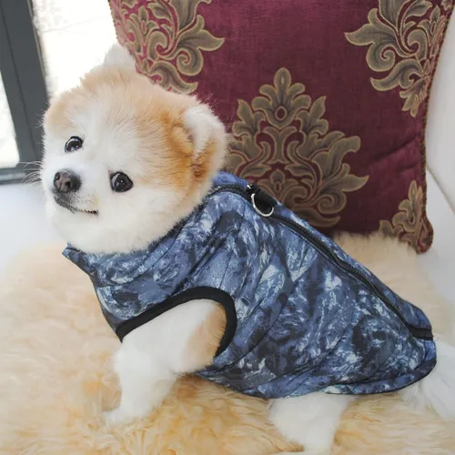 Vista 3 de Ropa para mascotas, abrigo de invierno para perro con cierre de cremallera y gancho para correa, chaleco para cachorro, chaqueta disfraz cálido