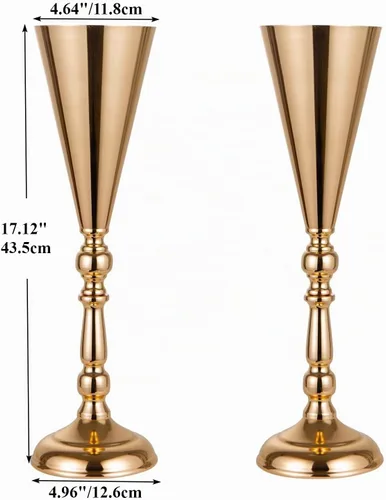 Vista 6 de Juego de 2 jarrones de metal para mesa de trompeta de boda, centro de mesa, jarrón de flores para decoración de eventos de boda, decoración de Dorado