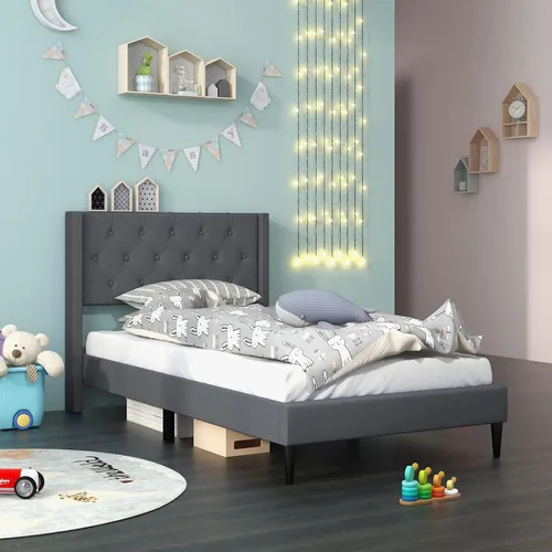 Vista 9 de Giantex Base de cama de plataforma de tamaño individual con respaldo de alas, base de cama tapizada de tela con cabecera capitonada con botones