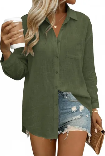 Vista 24 de HOTOUCH Camisas de manga larga con botones para mujer, blusas de lino y algodón, casuales, con cuello holgado, de gasa con bolsillo
