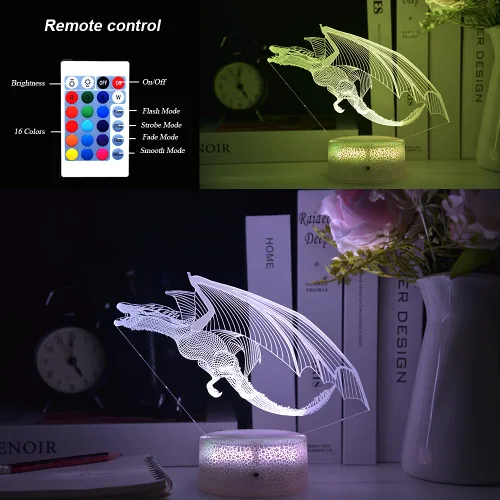 Vista 3 de Lámpara de dinosaurio, luz nocturna para niños, 16 colores con control remoto, ilusión óptica en 3D, regalo perfecto para niños y niñas