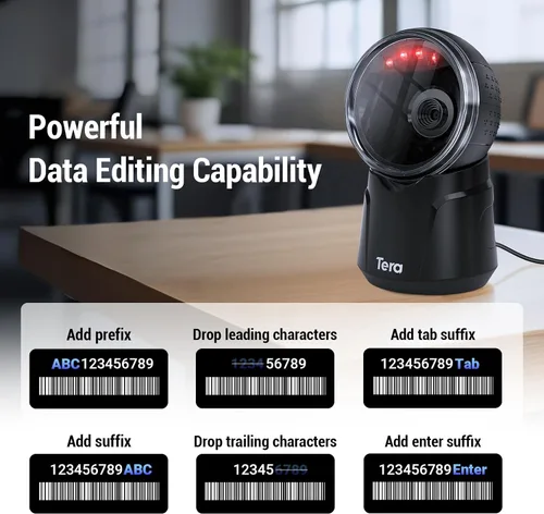 Vista 5 de Tera Escáner de código de barras omnidireccional de escritorio: 1D 2D QR manos libres USB con cable lector de código de barras ajustable Cabeza