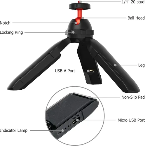 Vista 2 de Vlog - Mini trípode de mano con cargador USB A integrado, trípode de mesa para teléfono con cámara panorámica de 360° e inclinación de 90°