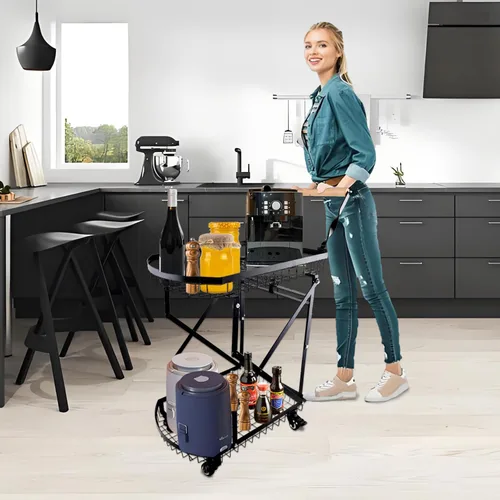 Vista 7 de Carrito de compras de metal plegable de 2 niveles sobre ruedas,Carro utilitario plegable