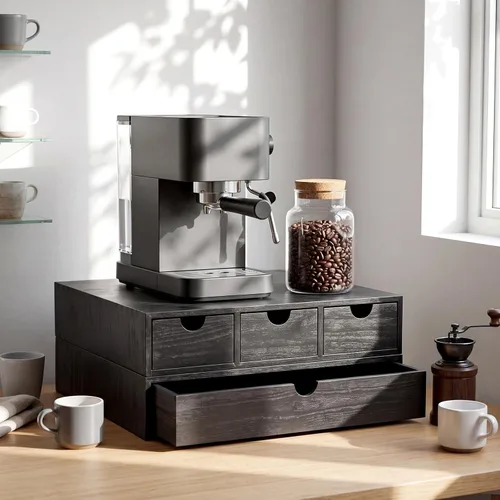 Vista 7 de Caja de té de café con cajón de madera para cápsulas, cuádruple, Negro