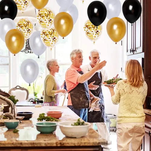 Vista 4 de Decoraciones de cumpleaños número 33, negro y dorado, pancarta de feliz cumpleaños, 33 globos, suministros de decoración