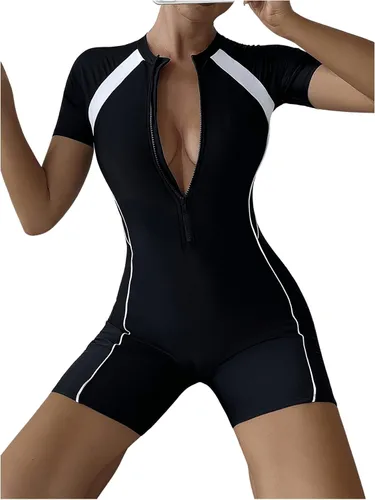 Vista 3 de OYOANGLE Traje de baño deportivo de una pieza con cremallera frontal y bloques de color para mujer