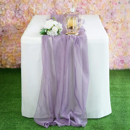 Vista 2 de Tableclothsfactory Camino de mesa de gasa de amatista de 22 x 80 pulgadas para bodas, fiestas, banquetes, decoración, ajuste rectangular y mesa