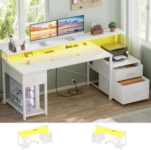 Vista 9 de Aheaplus Escritorio para computadora con 3 cajones, escritorio de oficina en casa con cajón de archivos y toma de corriente, escritorio gaming
