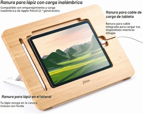 Vista 6 de ELETIUO Soporte ajustable para tablet con ranura para lápiz y cable de cargador, soporte de madera de bambú con múltiples ángulos, organizador
