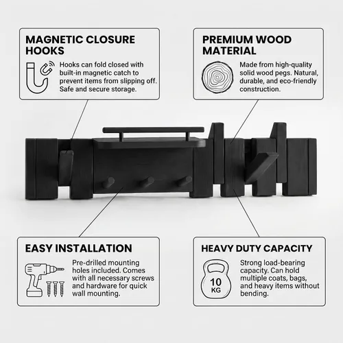 Vista 3 de Gancho plegable de nogal moderno de mediados de siglo con estante, ganchos de madera resistentes para toallas ocultos para baño, estante de pared