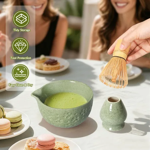 Vista 5 de Juego de té de batidor matcha: kit de matcha japonés – Cuenco de cerámica de bambú con soporte para cuchara medidora, cuchara medidora, práctica