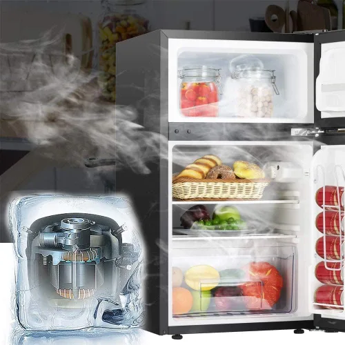Vista 6 de Mini refrigerador compacto de 3.2 pies cúbicos, mini refrigerador de acero inoxidable con congelador, 2 puertas, para dormitorio, garaje, cámper