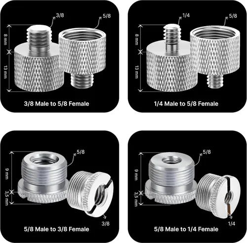 Vista 2 de Juego de Adaptadores para Soporte de Micrófono - Kit de 8 Piezas de Adaptadores de Trípode de Metal - 5/8 Hembra a 3/8 Macho y 1/4 Hembra a 5/8