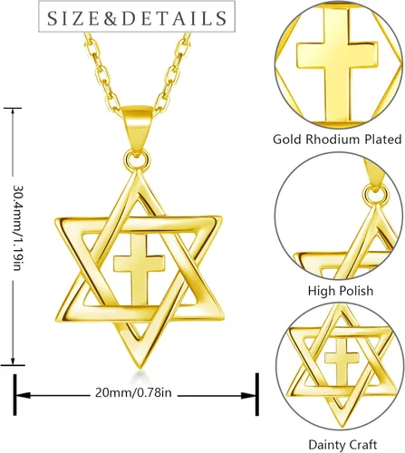 Vista 3 de YKYLHSYXR Collar mesiánico judío para mujeres y hombres, chapado en plata oro de 18 quilates con colgante de estrella pequeña de David y cruz