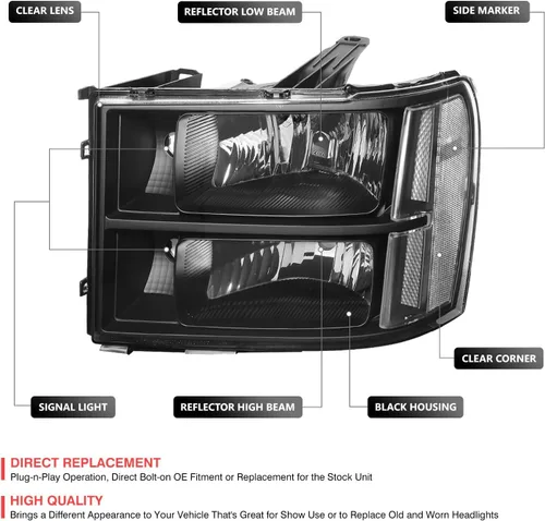 Vista 2 de DNA MOTORING Juego de ensamble de faros compatible con GMC Sierra 1500 de 2007-2013/Sierra 2500 HD y 3500 HD de 2014, Negro/Transparente, Negro Claro