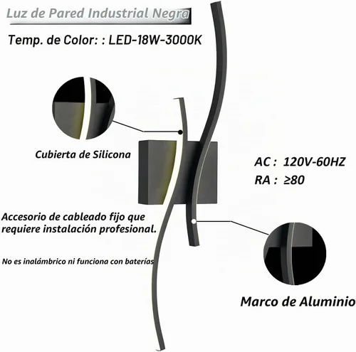 Vista 6 de Aplique de pared LED moderno, minimalista industrial negro, 24 pulgadas