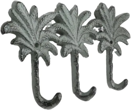 Vista 6 de Ebros Gift Paquete de 2 figuras de hierro fundido Verdigris Tropical Paradise Beach, 3 palmeras de coco, 3 clavijas, ganchos de pared triples
