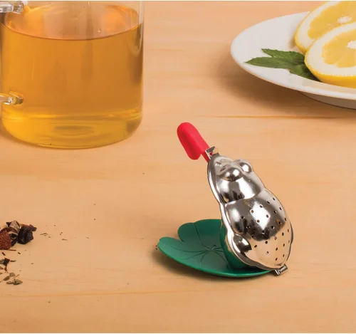 Vista 5 de HIC Kitchen Infusor de té con bandeja de goteo, almohadilla de rana y lirio, acero inoxidable 18/8 y plástico
