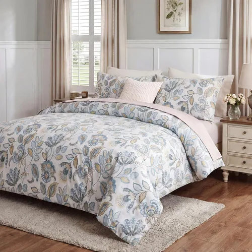 Vista 5 de Juego de edredón floral azul tamaño Queen, juego de ropa de cama botánica azul 100% algodón, edredón suave transpirable de 3 piezas y 2 fundas